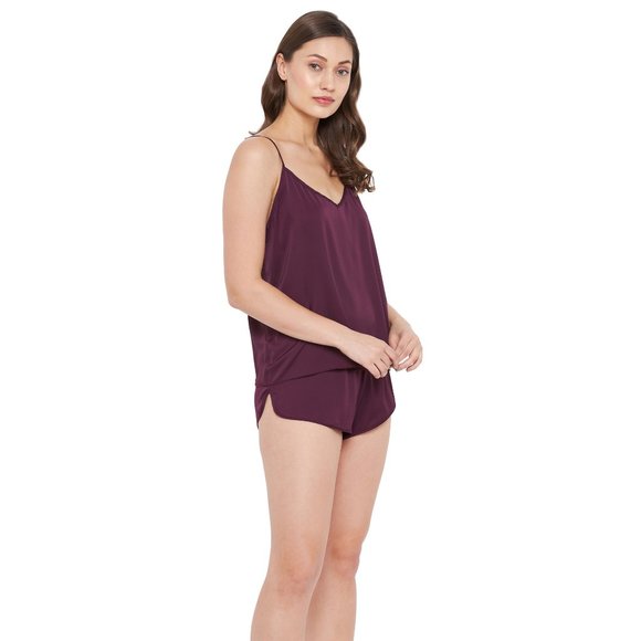 Solid Brunette Brown 2 Pcs Satin Shorts Sleepwear for Women - Picture 3 of 7